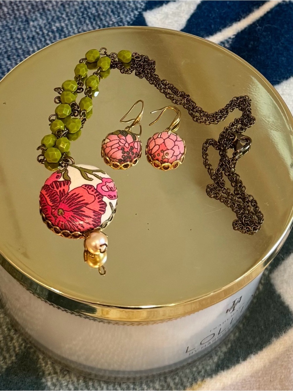 Handcrafted Pink Floral Pendant Necklace and Earrings Set